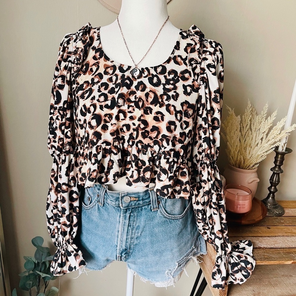 Topshop Leopard Long Sleeve Ruffle Peplum Crop Top
